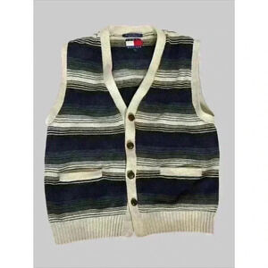 Vintage 1996 Tommy Hilfiger Sweater Vest Mens L Navy Gray Cream Striped READ